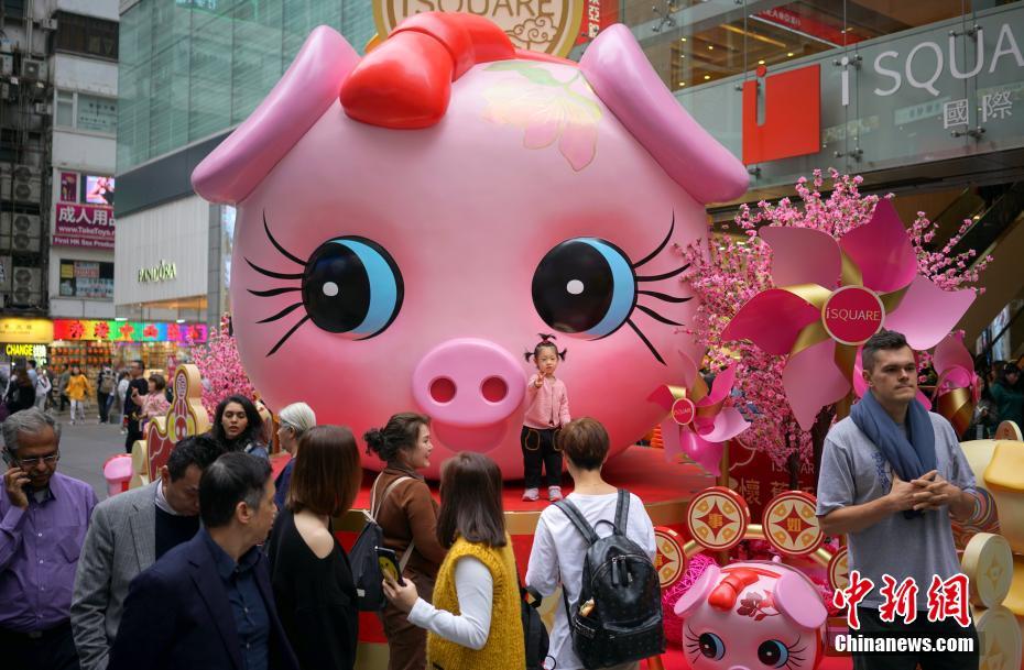 香港街头新春气氛渐浓 卖萌“猪宝宝”吸引路人