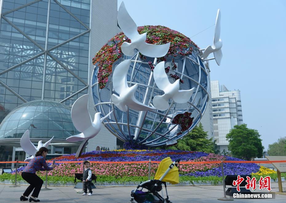 “一带一路”国际合作高峰论坛主题花坛亮相北京街头